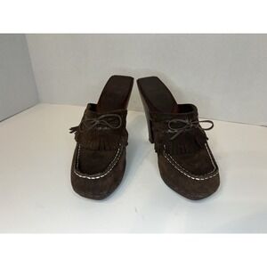 VTG Frye Lacey Fringed Heeled Mules, Brown Suede Clogs Size 7.5 Y2K